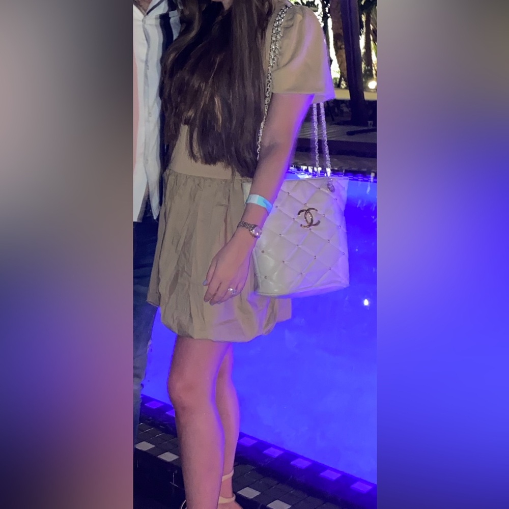 English Factory Tan Puff Sleeve Bubble Hem Mini Dress
